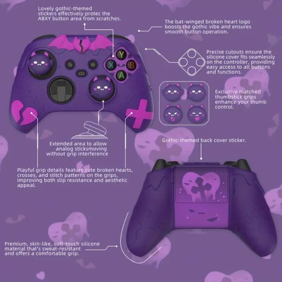 Goth Emo Gamer Girl Kawaii Cute Purple Xbox Controller Cover w/ Thumb Bat Grips - Picture 5 of 9